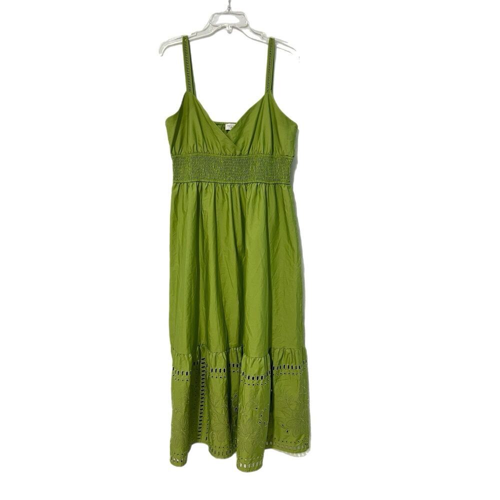 Calypso St. Barth Midi Dress XL Green Smocked Eyelet Embroidered Garden Party
